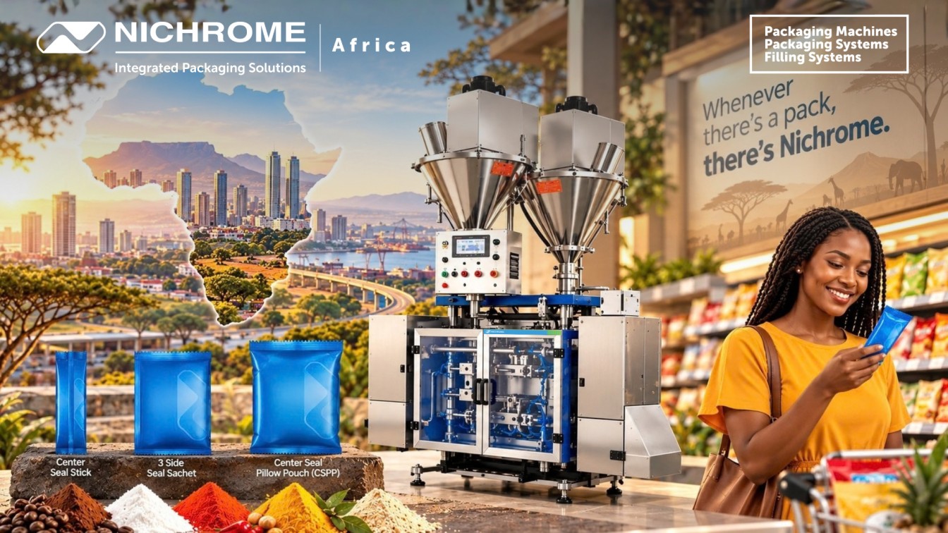 Nichrome Africa packaging machine showcasing flexible pouch packaging solutions in a supermarket setting.